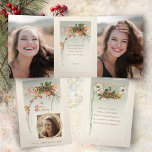 Cartão De Festividades Com Dobra Tripla Estilo de Vintage Elegante Holly e Foto<br><div class="desc">Elegante e restaurada ilustração de natais vintages com holly verde e dourada, embelezamentos decorativos em ouro, ornamentados Felicidades de Natal Feliz e modelo de foto redondo na frente com sutil fundo de chá e névoa. Os painéis de dentro apresentam modelos de fotos adicionais, gráficos vintage complementares e campos de texto...</div>