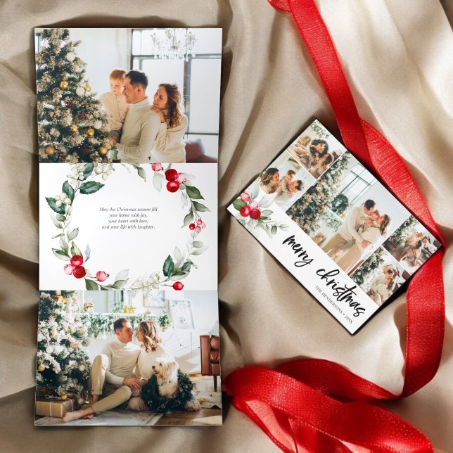 Cartão De Festividades Com Dobra Tripla Feliz Natal Berry deixa foto (Criador carregado)