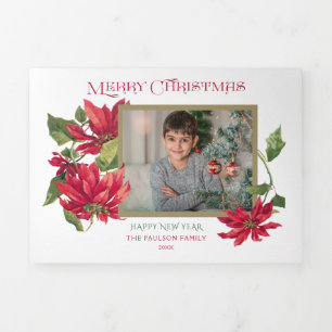 Cartão De Festividades Com Dobra Tripla Feliz Natal Colorido Poinsetitas Foto