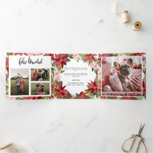 Cartão De Festividades Com Dobra Tripla Feliz Navidad Foto Da Família Floral Red Poinset