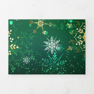 Cartão De Festividades Com Dobra Tripla Flocos de Neve Dourados de Natal em Fundo Verde