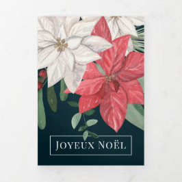 Cartão De Festividades Com Dobra Tripla Flores de inverno Joyeux Noël Natal Elegante