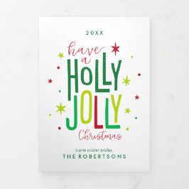 Cartão De Festividades Com Dobra Tripla Foto da família de Natal Holly Jolly