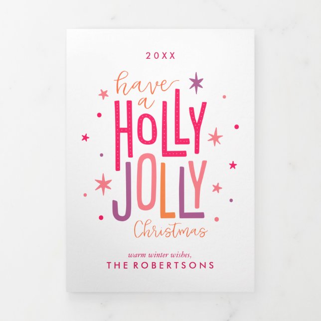 Cartão De Festividades Com Dobra Tripla Foto da família de Natal Holly Jolly (Cobrir)