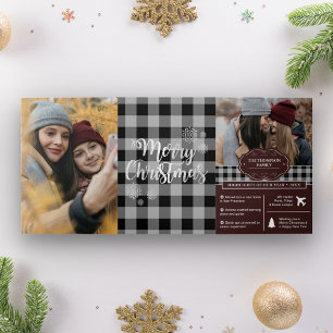 Cartão De Festividades Com Dobra Tripla Foto de Natal do Ano em Revisão Plaid Buffalo Pret
