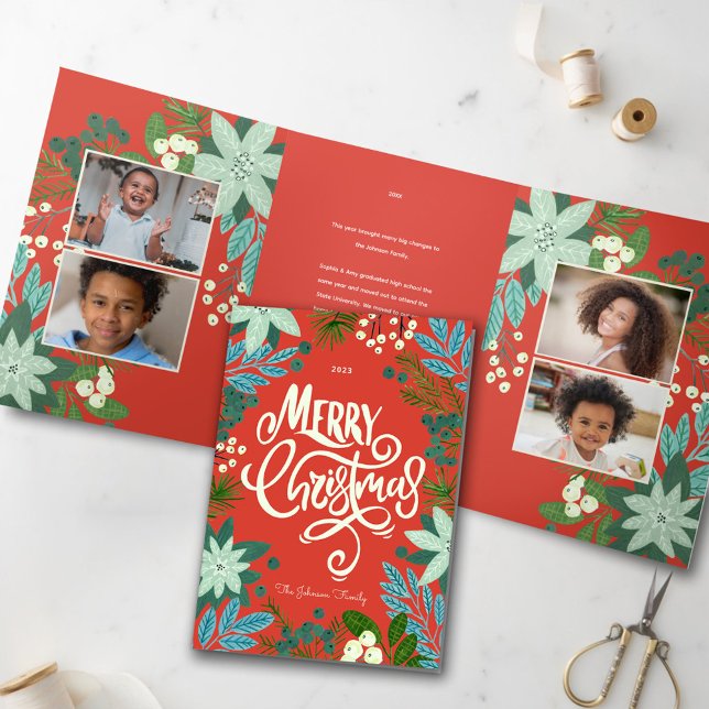 Cartão De Festividades Com Dobra Tripla Foto de Natal Feliz, Floral Moderno (Modern Bold Floral Merry Christmas Photo Tri-Fold Holiday Card)