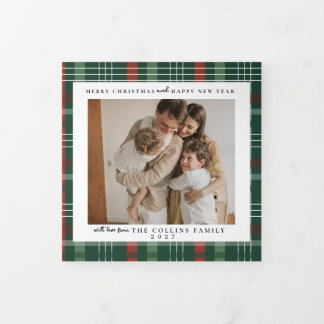 Cartão De Festividades Com Dobra Tripla Foto de Natal Personalizada | Família Verde Vermel