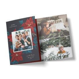 Cartão De Festividades Com Dobra Tripla Foto de Natal Pintada de Poinsettias