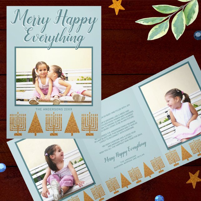 Cartão De Festividades Com Dobra Tripla Foto Elegante 3 de Azul Dourado de feliz (Merry Happy Everything interfaith tri-fold holiday cards celebrate Christmas and Hanukkah together)