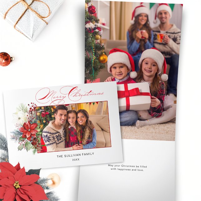 Cartão De Festividades Com Dobra Tripla Foto Floral do Feliz Natal da Caligrafia (Criador carregado)