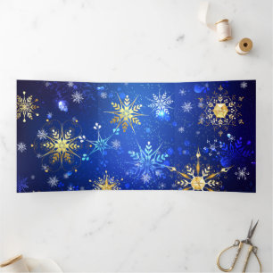 Cartão De Festividades Com Dobra Tripla Fundo Azul XMAS com Flocos de Neve Ouro