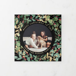Cartão De Festividades Com Dobra Tripla Gilded Greenery Black | Natal multifotográfico