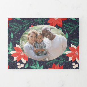 Cartão De Festividades Com Dobra Tripla Grande Foto de Poinsettias de Natal Vermelho e Bra