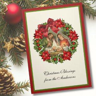 Cartão De Festividades Com Dobra Tripla Jesus Maria José Natal Poinsettia Religioso