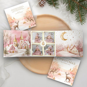 Cartão De Festividades Com Dobra Tripla Mágico Inverno Rosa Encantado 4 Foto Natal