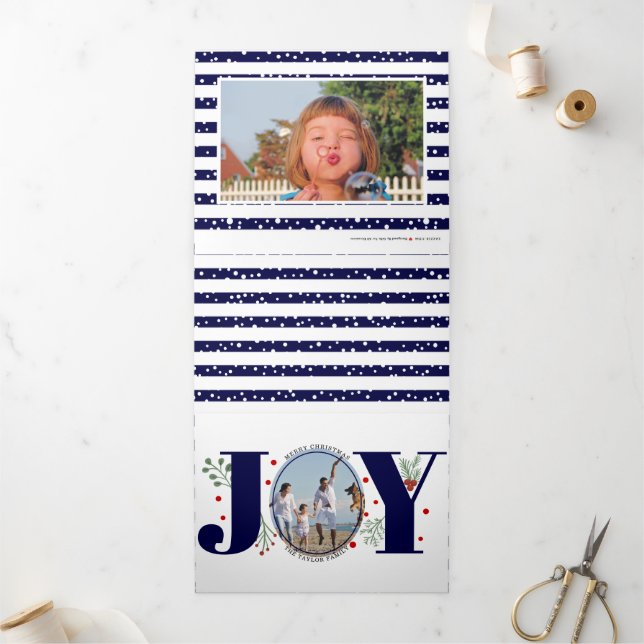 Cartão De Festividades Com Dobra Tripla Marinho azul alegria e bagas Foto de Natal (Fora)