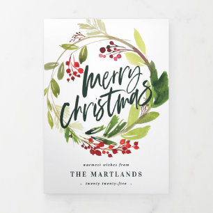 Cartão De Festividades Com Dobra Tripla Multi foto floral aquarela + folhagem natal