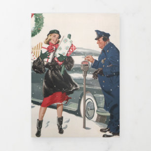Cartão De Festividades Com Dobra Tripla Natais vintages, Comprando Presentes Policiais