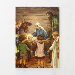 Cartão De Festividades Com Dobra Tripla Natais vintages, Natividade Religiosa com o Bebê 