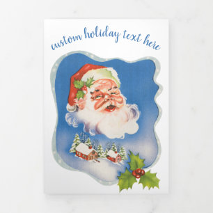 Cartão De Festividades Com Dobra Tripla Natais vintages, Retro Jolly Papai Noel