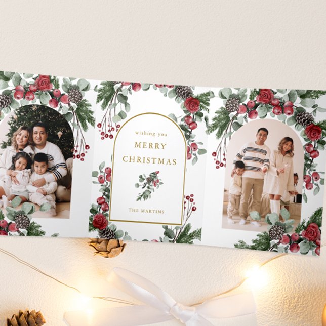 Cartão De Festividades Com Dobra Tripla Natal do Floral Vermelho Elegante (Criador carregado)
