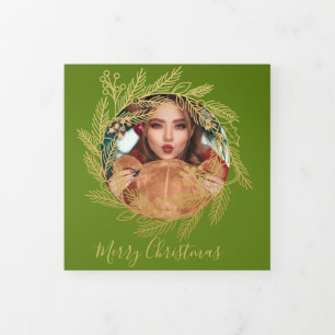 Cartão De Festividades Com Dobra Tripla Natal Dourado Wreath Foto personalizada Natal