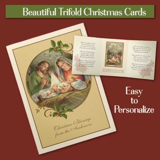 Cartão De Festividades Com Dobra Tripla Natal religioso Jesus Virgem Maria São José (Traditional Religious Trifold Christmas Cards - Easy to personalize!)