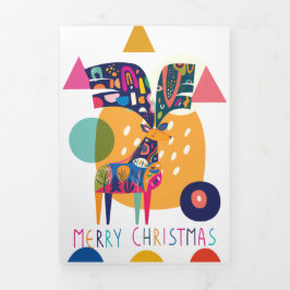 Cartão De Festividades Com Dobra Tripla Natal Rena Colorida Abstrata Personalizada