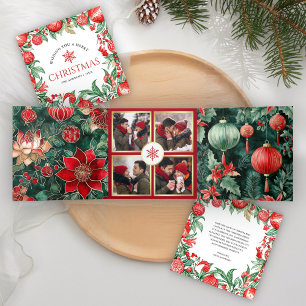 Cartão De Festividades Com Dobra Tripla Natal Vermelho Verde Chinoiserie Festivo 4 Fotos