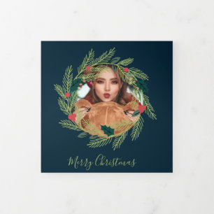 Cartão De Festividades Com Dobra Tripla Natal Wreath Foto personalizada Natal