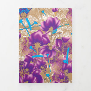 Cartão De Festividades Com Dobra Tripla Padrão floral vibrante com púrpura e azul f