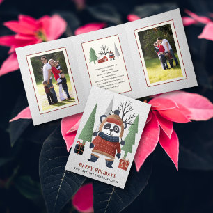 Cartão De Festividades Com Dobra Tripla Panda de inverno e árvores Fotografia de Natal