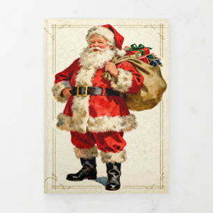 Cartão De Festividades Com Dobra Tripla Papai Noel Clássico Vintage e Lareira