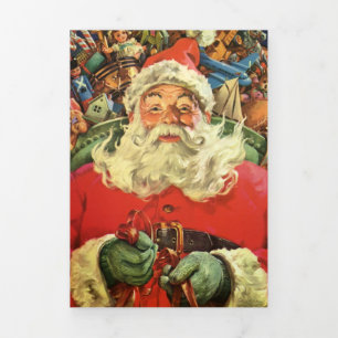 Cartão De Festividades Com Dobra Tripla Papai Noel de Natal Vintage em trenó com brinquedo