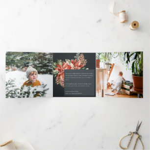 Cartão De Festividades Com Dobra Tripla Paz Natal Poinsettia Marinho Preto Pinheiro 3 Foto