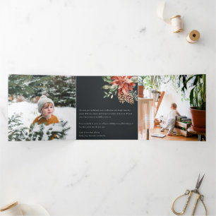 Cartão De Festividades Com Dobra Tripla Paz Natal Poinsettia Marinho Preto Pinheiro 3 Foto