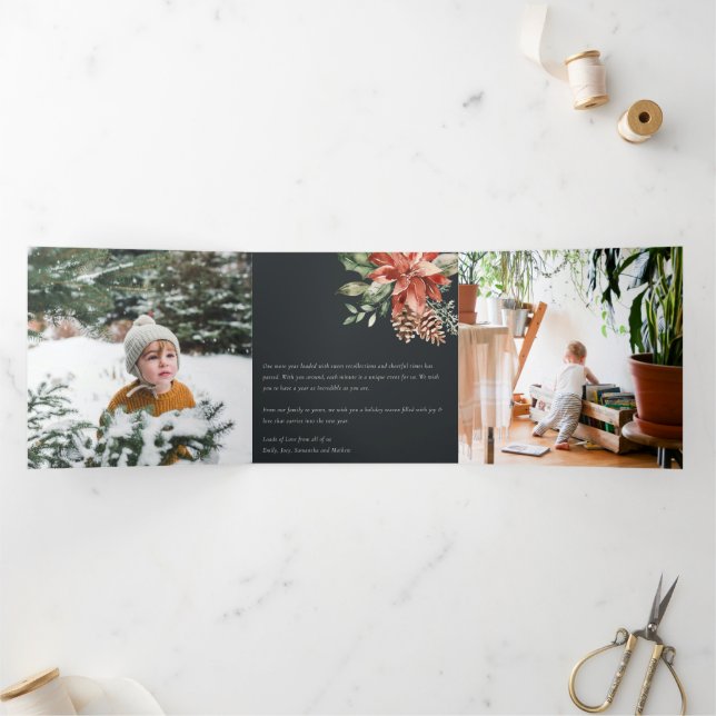 Cartão De Festividades Com Dobra Tripla Paz Natal Poinsettia Marinho Preto Pinheiro 3 Foto (Dentro)