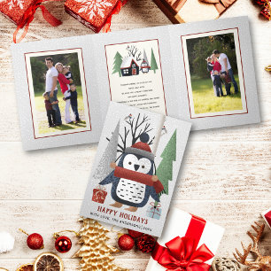 Cartão De Festividades Com Dobra Tripla Pinguim de inverno e árvores Foto multinatalina