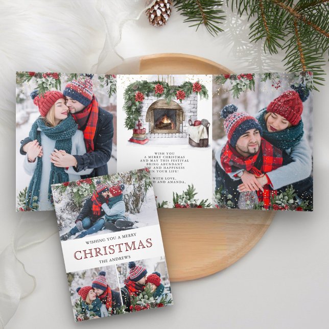 Cartão De Festividades Com Dobra Tripla Poinsettia Lareira Floral Natal (Criador carregado)