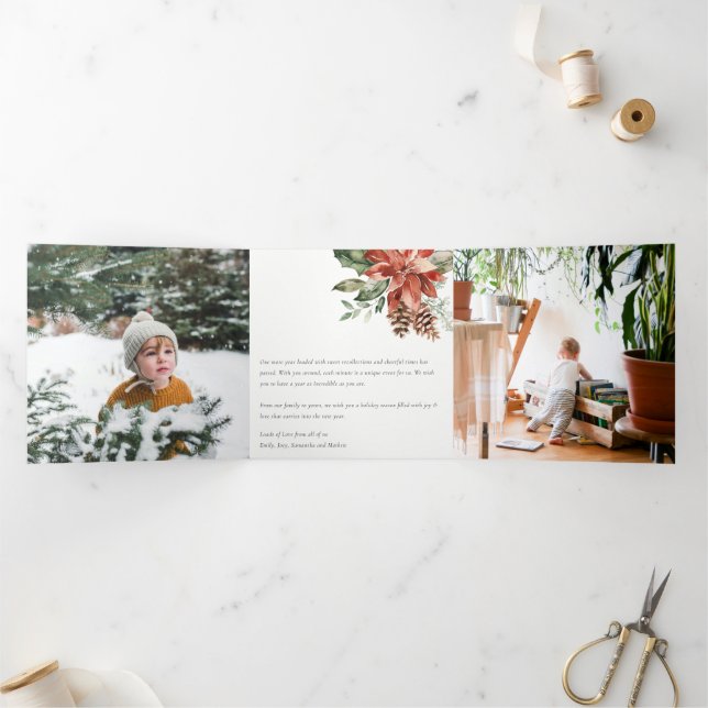 Cartão De Festividades Com Dobra Tripla Poinsettia Pinheiro Água Natal 3 Fotos Aquarela (Dentro)