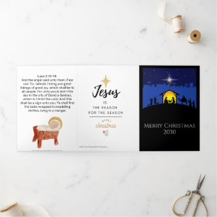 Cartão De Festividades Com Dobra Tripla Presépio Igreja Estrela Branca Natal