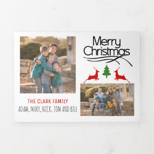 Cartão De Festividades Com Dobra Tripla Preto Feliz Natal, veado, foto de padrão de árvore