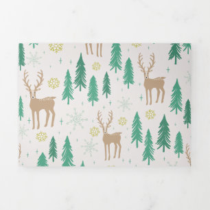 Cartão De Festividades Com Dobra Tripla Reindeer de Natal na Floresta de Inverno Evergreen