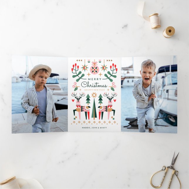 Cartão De Festividades Com Dobra Tripla Rena de Natal Geométrica (Dentro)