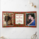 Cartão De Festividades Com Dobra Tripla Starfish n Holly Two Big Photos Folded Christmas<br><div class="desc">Triple fold, photo Christmas card with two big photo templates inside. The starfish and holly design makes a pattern inside and outside these unique holiday greeting cards. The sides of the card fold outward to reveal big photo templates and your choice of greeting, with a signature, will print in the...</div>