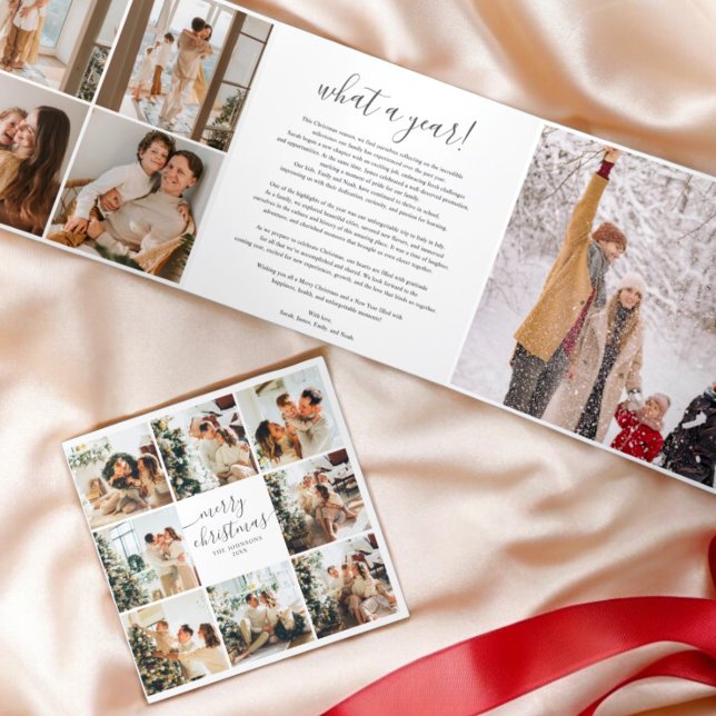 Cartão De Festividades Com Dobra Tripla Várias Fotografias Caligrafia Feliz Natal Branco (Criador carregado)