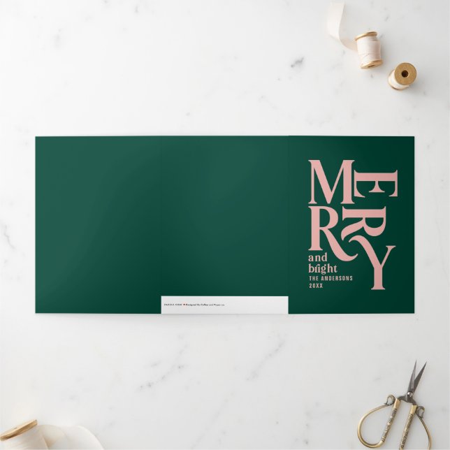 Cartão De Festividades Com Dobra Tripla verde e rosa vintage natal alegre multi foto (Fora)