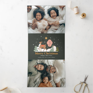 Cartão De Festividades Com Dobra Tripla Véspera de Natal Tranquila com Reindeer e Coelho