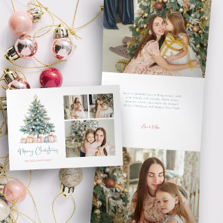 Cartão De Festividades Com Dobra Tripla Watercolor Christmas Tree Calligraphy Three Photos