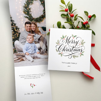Cartão De Festividades Com Dobra Tripla Watercolor Merry Christmas Script Botanical